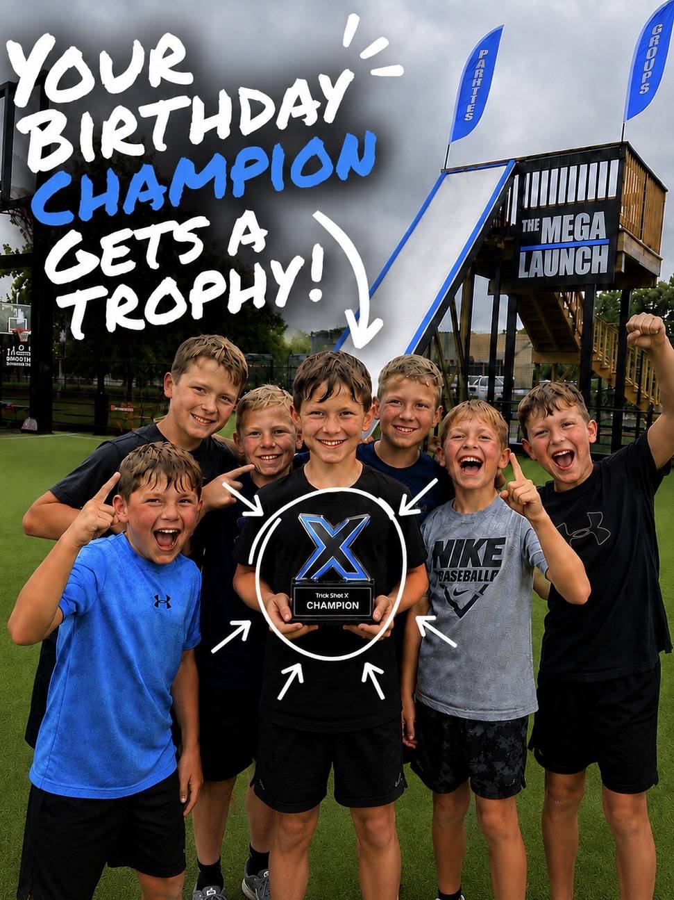 Trick Shot X birthday champion holding the Champion Trophy with friends