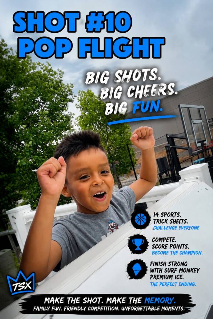 Excited kid celebrating at the Pop Flight shot at Trick Shot X