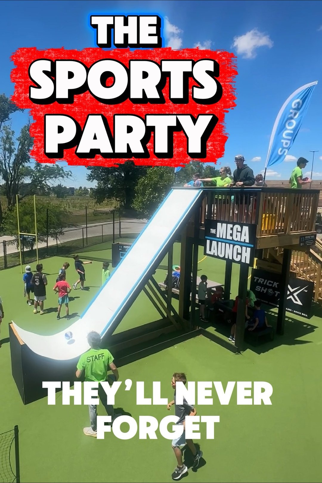 Kids at a Trick Shot X sports party by the Mega Launch ramp