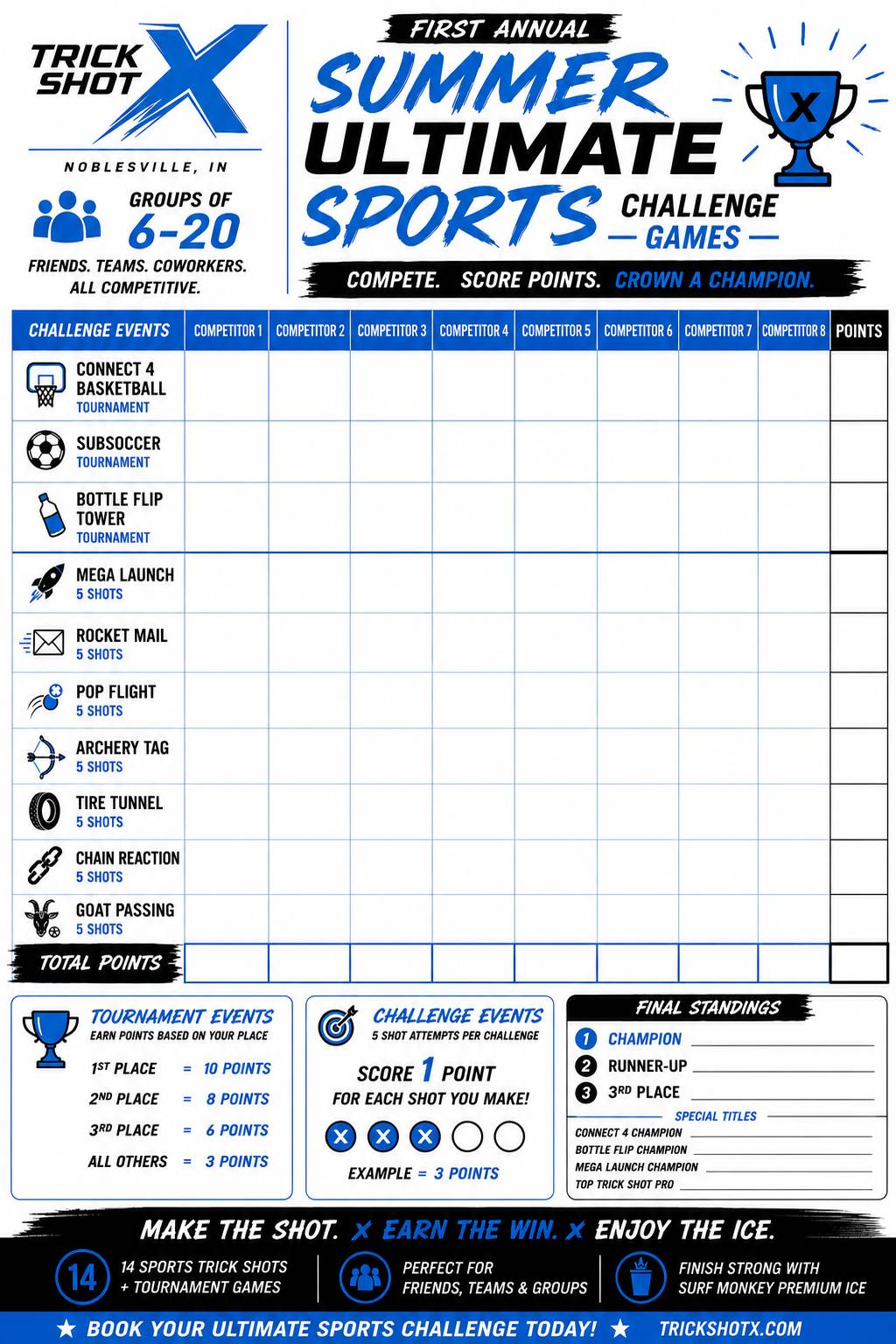 Trick Shot X Ultimate Sports Challenge scorecard with challenge events and scoring